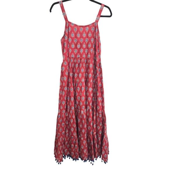 NWT Maroon Buti Printed Cotton Long Dress Pompom Lace Shoulder Straps XL - Picture 2 of 8